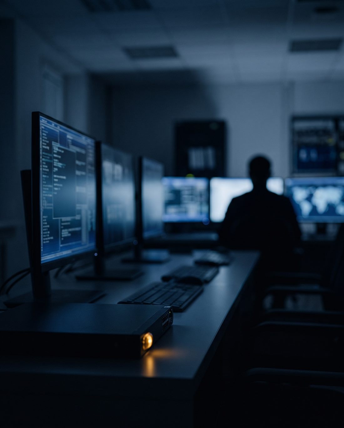 A low-light operations room seen from behind, several dim monitors along a desk and a single figure facing away.