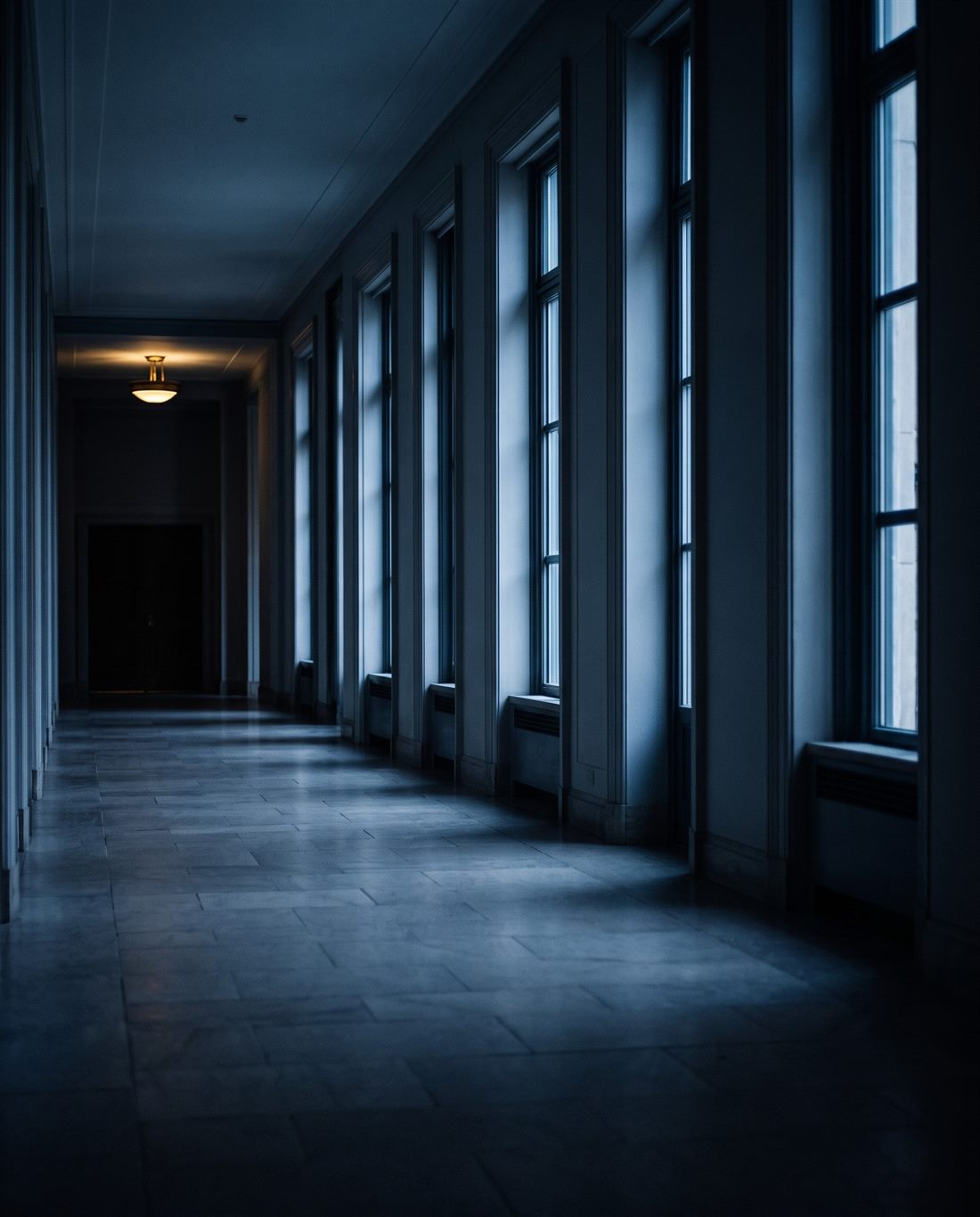 An empty corridor inside a formal government building at dawn, cold light falling through tall windows onto stone floors.