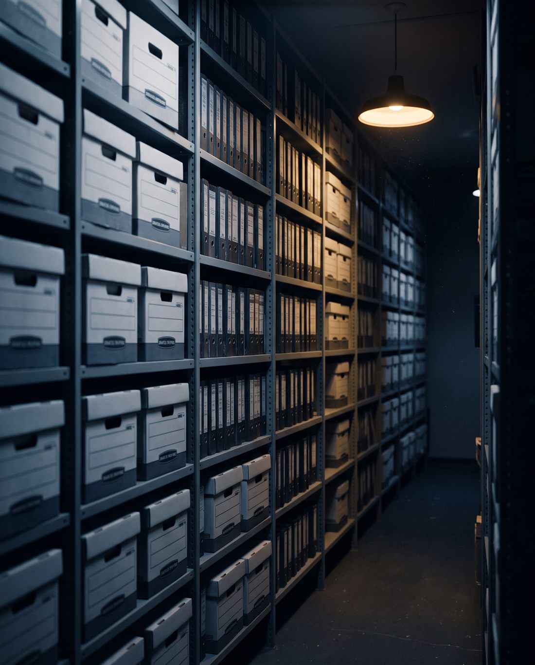 A records archive of grey steel shelving stacked with document files, one aisle lit by a warm overhead lamp.